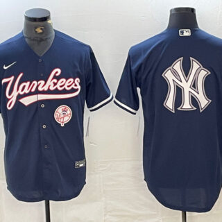 Men's New York Yankees Big LOGO Navy Cool Base Stitched Baseball Jersey