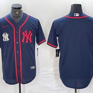 Men's New York Yankees Big LOGO Navy Cool Base Stitched Baseball Jersey
