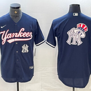 Men's New York Yankees Big LOGO Navy Cool Base Stitched Baseball Jersey