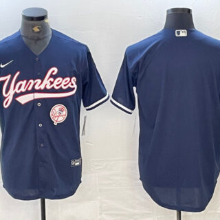 Men's New York Yankees Big LOGO Navy Cool Base Stitched Baseball Jersey