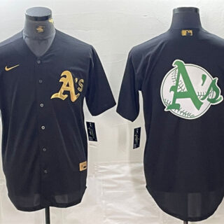 Men's Oakland Athletics Black Gold Team Big Logo Cool Base Stitched Baseball Jersey 2