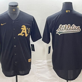 Men's Oakland Athletics Black Gold Team Big Logo Cool Base Stitched Baseball Jersey 3