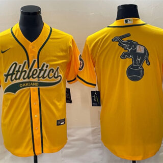 Men's Oakland Athletics Yellow Team Big Logo Cool Base Stitched Baseball Jersey 003