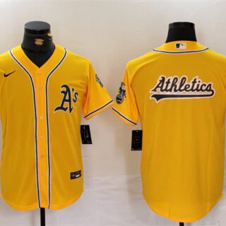 Men's Oakland Athletics Yellow Team Big Logo Cool Base Stitched Baseball Jerseys