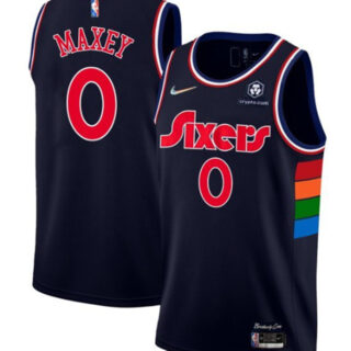 Men's Philadelphia 76ers #0 Tyrese Maxey Navy Icon Edition 75th Anniversary Stitched Swingman Jersey