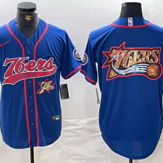 Men's Philadelphia 76ers Team Big Logo Royal Cool Base Stitched Baseball Jerseys