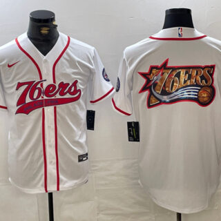 Men's Philadelphia 76ers Team Big Logo White Cool Base Stitched Baseball Jersey