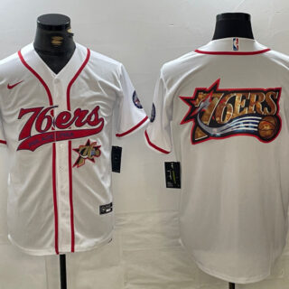 Men's Philadelphia 76ers Team Big Logo White Cool Base Stitched Baseball Jerseys