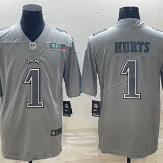 Men's Philadelphia Eagles #1 Jalen Hurts Gray Super Bowl LVII Patch Atmosphere Fashion Stitched Jersey