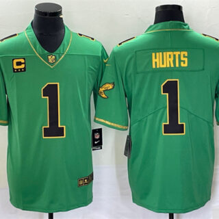 Men's Philadelphia Eagles #1 Jalen Hurts Green Gold Vapor Limited With C Patch Stitched Football Jersey