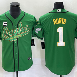 Men's Philadelphia Eagles #1 Jalen Hurts Green With C Patch Cool Base Stitched Baseball Jersey