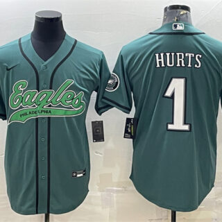 Men's Philadelphia Eagles #1 Jalen Hurts Green With Patch Cool Base Stitched Baseball Jersey
