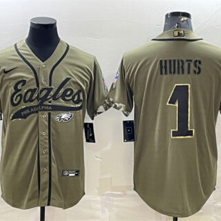 Men's Philadelphia Eagles #1 Jalen Hurts Olive 2022 Salute To Service Cool Base Stitched Baseball Jersey