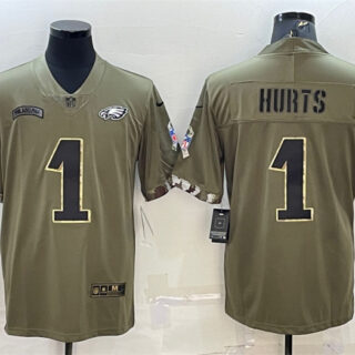 Men's Philadelphia Eagles #1 Jalen Hurts Olive 2022 Salute To Service Limited Stitched Jersey