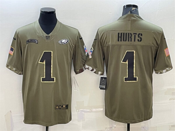 Men's Philadelphia Eagles #1 Jalen Hurts Olive 2022 Salute To Service Limited Stitched Jersey