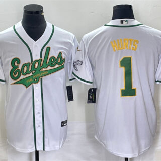 Men's Philadelphia Eagles #1 Jalen Hurts White Gold Cool Base Stitched Baseball Jersey