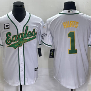 Men's Philadelphia Eagles #1 Jalen Hurts White Gold With C Patch Cool Base Stitched Baseball Jersey