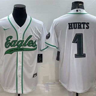 Men's Philadelphia Eagles #1 Jalen Hurts White With Patch Cool Base Stitched Baseball Jersey