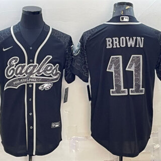 Men's Philadelphia Eagles #11 A. J. Brown Black Reflective With Patch Cool Base Stitched Baseball Jersey