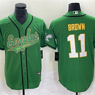 Men's Philadelphia Eagles #11 A. J. Brown Green Gold Cool Base Stitched Baseball Jersey