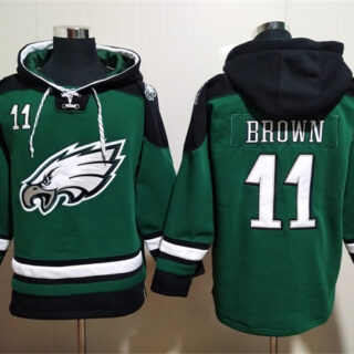 Men's Philadelphia Eagles #11 A. J. Brown Green Lace-Up Pullover Hoodie