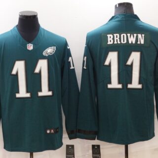 Men's Philadelphia Eagles #11 A. J. Brown Green Therma Long Sleeve Stitched Jersey