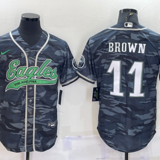 Men's Philadelphia Eagles #11 A. J. Brown Grey Camo With Patch Cool Base Stitched Baseball Jersey