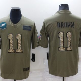 Men's Philadelphia Eagles #11 A. J. Brown Olive Camo Salute To Service Limited Stitched Jersey