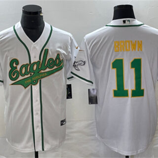 Men's Philadelphia Eagles #11 A. J. Brown White Gold Cool Base Stitched Baseball Jersey