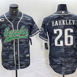 Men's Philadelphia Eagles #26 Saquon Barkley Gray Camo With 3-star C Patch Cool Base Baseball Stitched Jersey