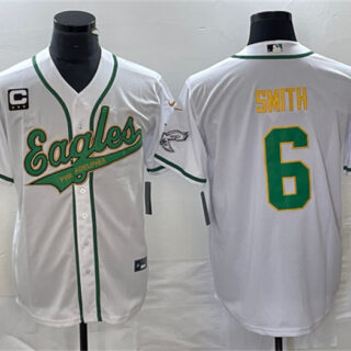 Men's Philadelphia Eagles #6 DeVonta Smith White Gold With C Patch Cool Base Stitched Baseball Jersey