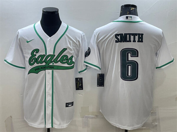 Men's Philadelphia Eagles #6 DeVonta Smith White With Patch Cool Base Stitched Baseball Jersey