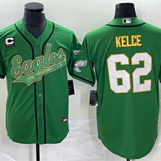 Men's Philadelphia Eagles #62 Jason Kelce Green Gold With C Patch Cool Base Stitched Baseball Jersey