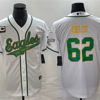 Men's Philadelphia Eagles #62 Jason Kelce White Gold With C Patch Cool Base Stitched Baseball Jersey
