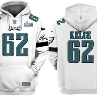 Men's Philadelphia Eagles #62 Jason Kelce White Super Bowl LVII Patch Pullover Hoodie