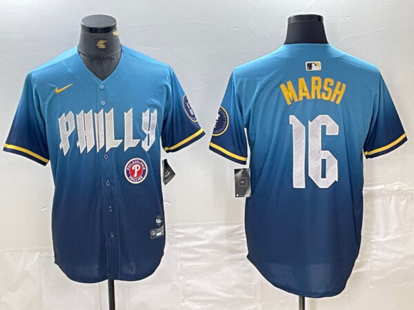 Men's Philadelphia Phillies #16 Brandon Marsh Blue 2024 City Connect Limited Stitched Jersey