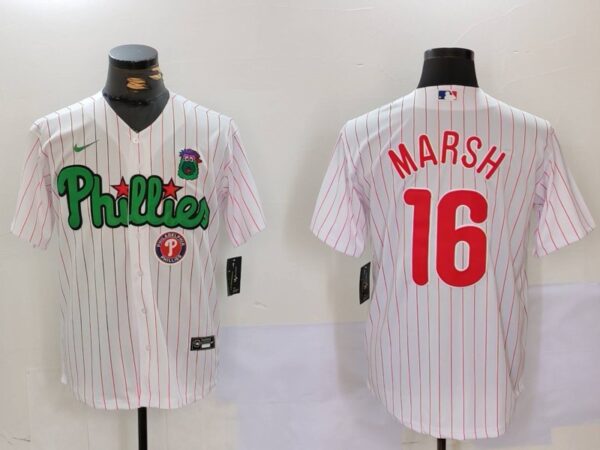Men's Philadelphia Phillies #16 Brandon Marsh White Green Cool Base Stitched Jerseys