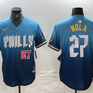 Men's Philadelphia Phillies #27 Aaron Nola Blue 2024 City Connect Limited Stitched Baseball Jersey