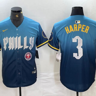 Men's Philadelphia Phillies #3 Bryce Harper Blue 2024 City Connect Limited Stitched Jersey