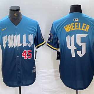 Men's Philadelphia Phillies #45 Zack Wheeler Blue 2024 City Connect Limited Stitched Baseball Jersey
