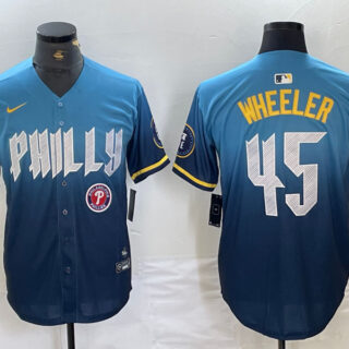 Men's Philadelphia Phillies #45 Zack Wheeler Blue 2024 City Connect Limited Stitched Baseball Jersey