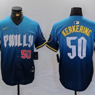 Men's Philadelphia Phillies #50 Orion Kerkering Blue 2024 City Connect Limited Stitched Jerseys