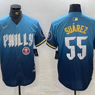 Men's Philadelphia Phillies #55 Ranger Suárez Blue 2024 City Connect Limited Stitched Jersey