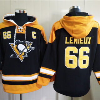 Men's Pittsburgh Penguins #66 Mario Lemieux Black Ageless Must-Have Lace-Up Pullover Hoodie