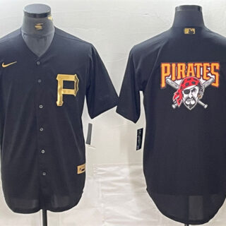 Men's Pittsburgh Pirates Black Team Big Logo Cool Base Stitched Baseball Jersey 1