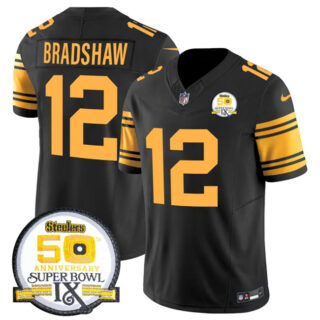 Men's Pittsburgh Steelers #12 Terry Bradshaw Black 2024 F.U.S.E. 50th Anniversary Of Super Bowl IX Color Rush Limited Stitched Jersey