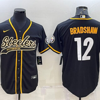 Men's Pittsburgh Steelers #12 Terry Bradshaw Black With Patch Cool Base Stitched Baseball Jersey