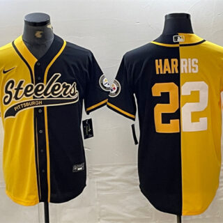 Men's Pittsburgh Steelers #22 Najee Harris Yellow Black Split With Patch Cool Base Stitched Baseball Jersey