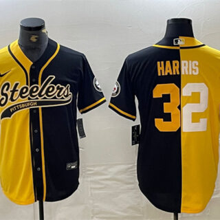 Men's Pittsburgh Steelers #32 Franco Harris Yellow Black Split With Patch Cool Base Stitched Baseball Jersey