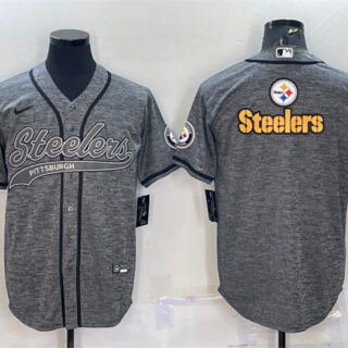 Men's Pittsburgh Steelers Grey Team Big Logo With Patch Cool Base Stitched Baseball Jersey